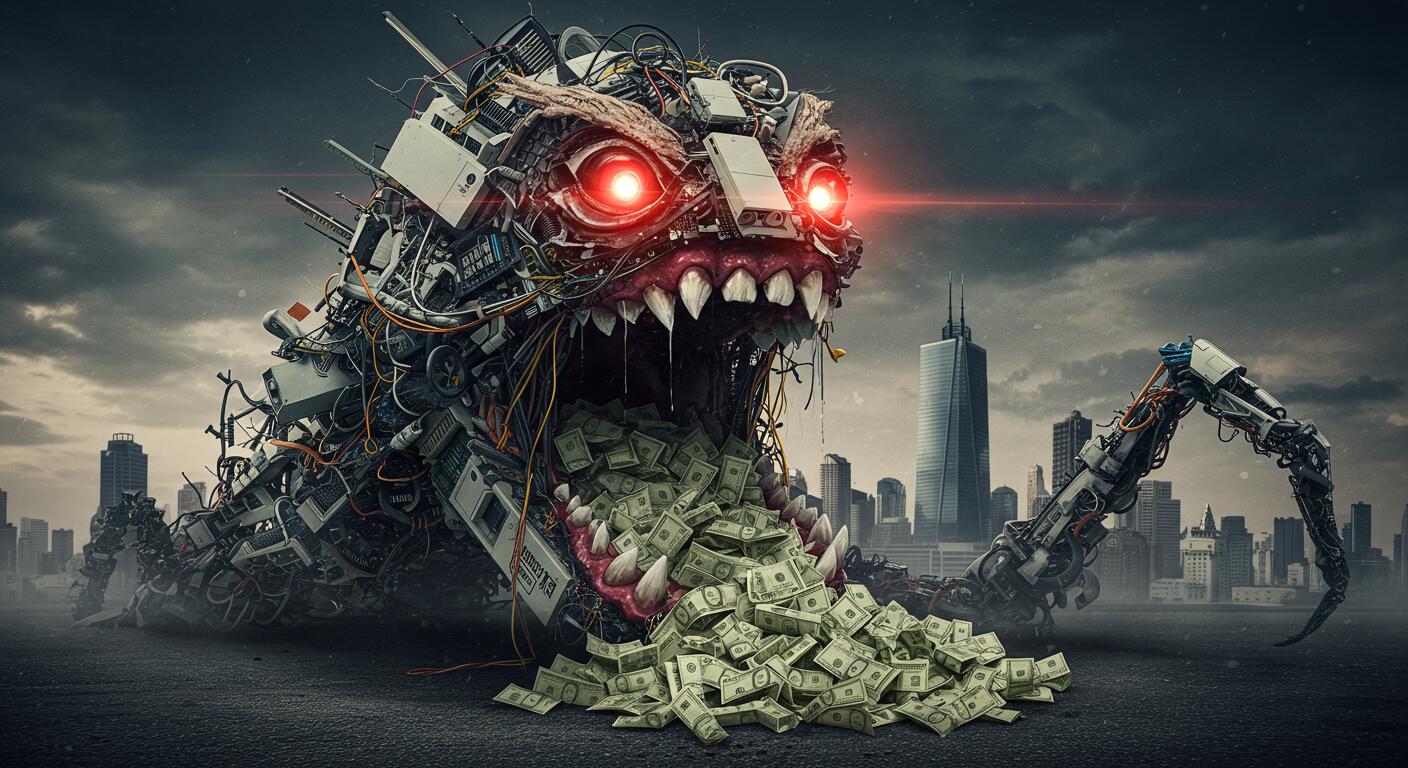 Robot monster spewing money in cityscape.
